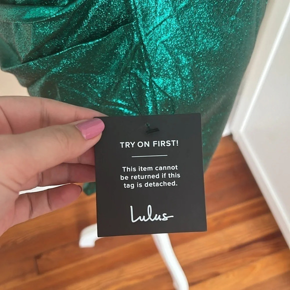 Lulus Always Envied Green Metallic Gathered Mini Dress - Size L - Picture 12 of 15
